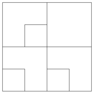 Et kvadrat delt i fire like store kvadrater og i enda tre mindre kvadrater.